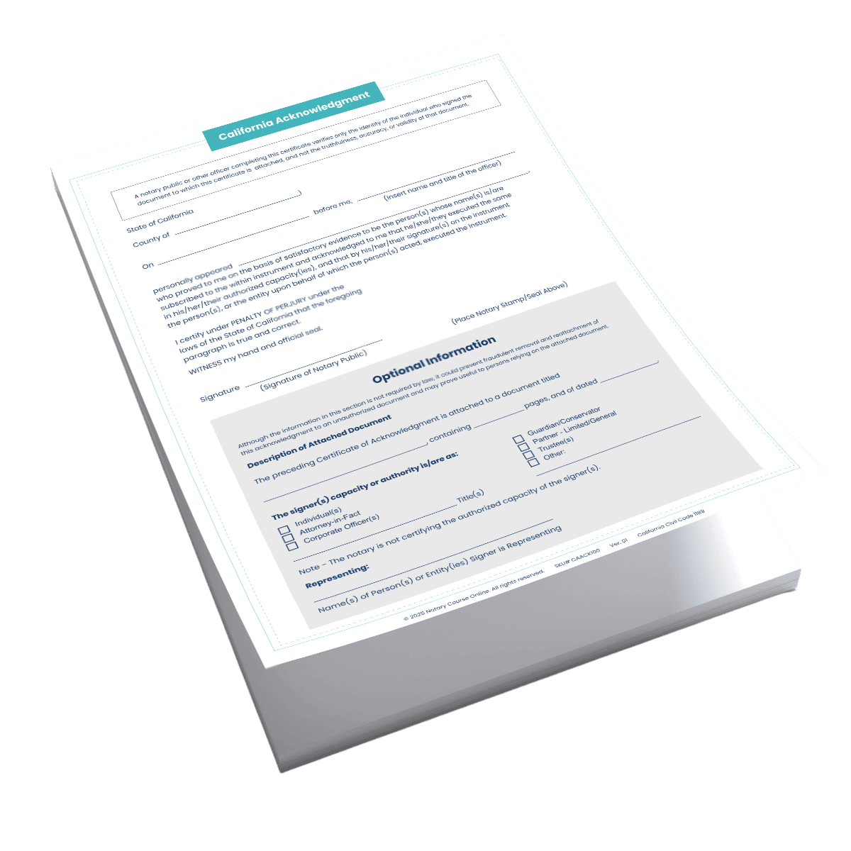California Acknowledgment Certificate - 100 Sheets image 0