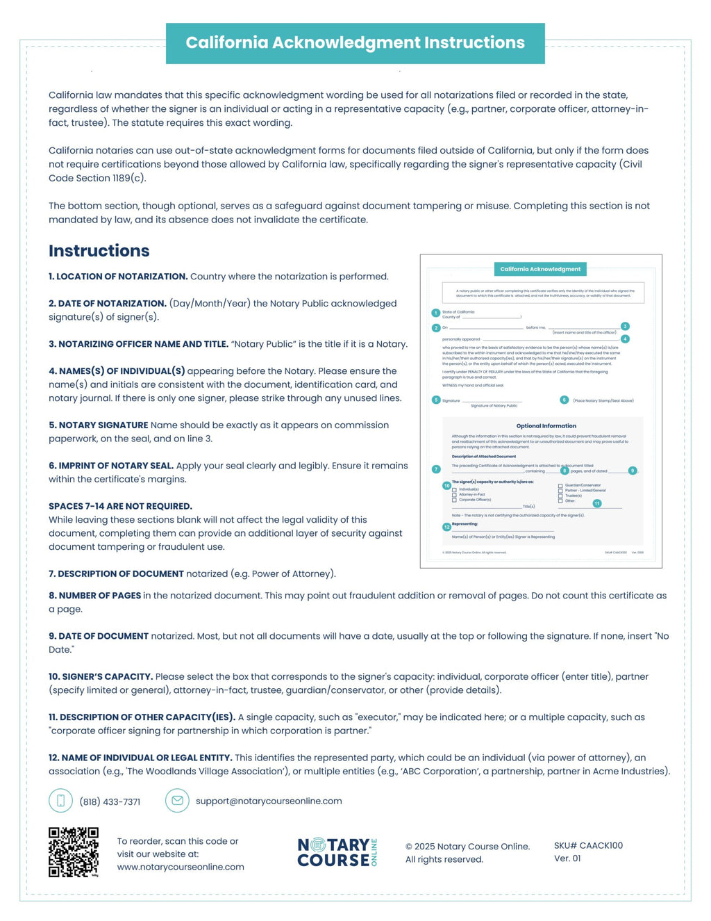 California Acknowledgment Certificate - 100 Sheets image 2
