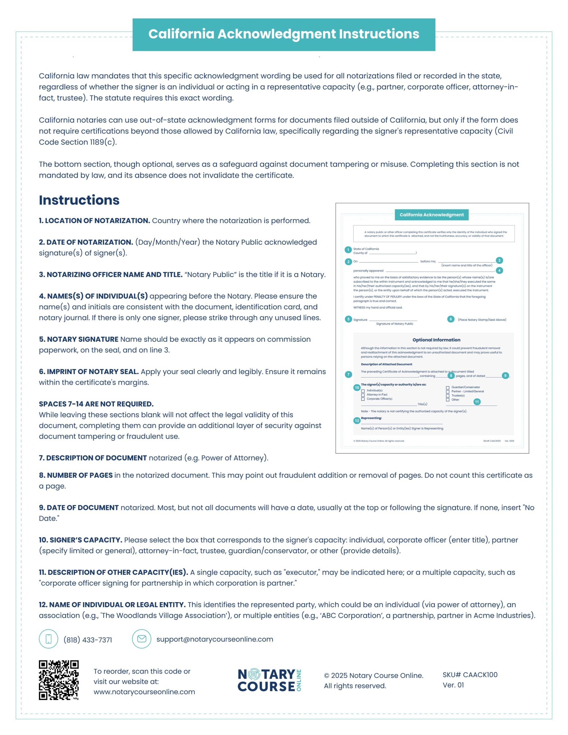 California Acknowledgment Certificate - 100 Sheets image 2