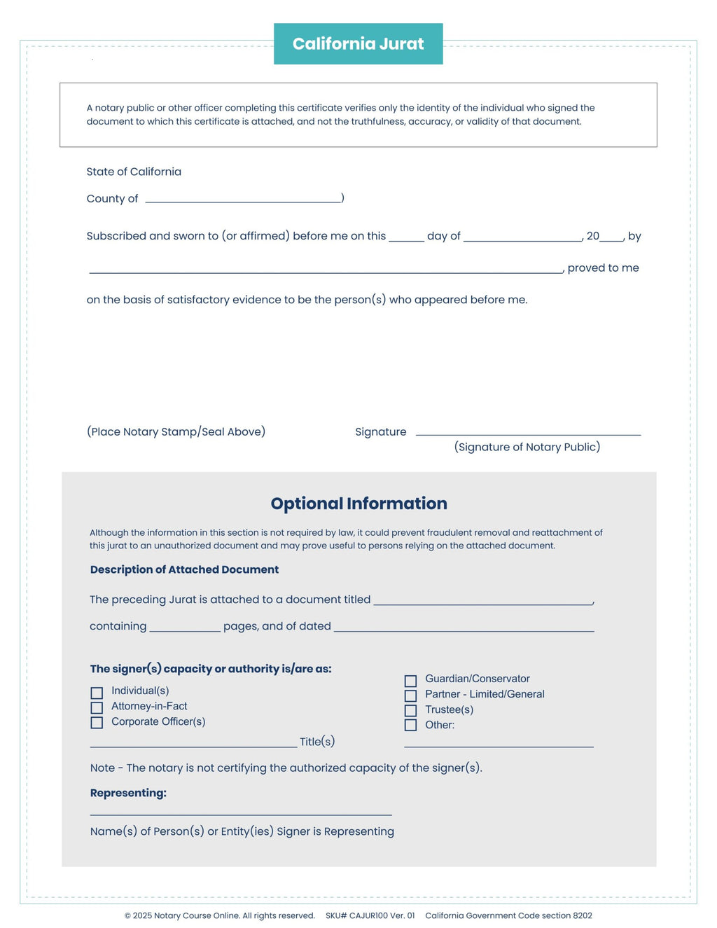 California Jurat Certificates - 100 sheets image 1