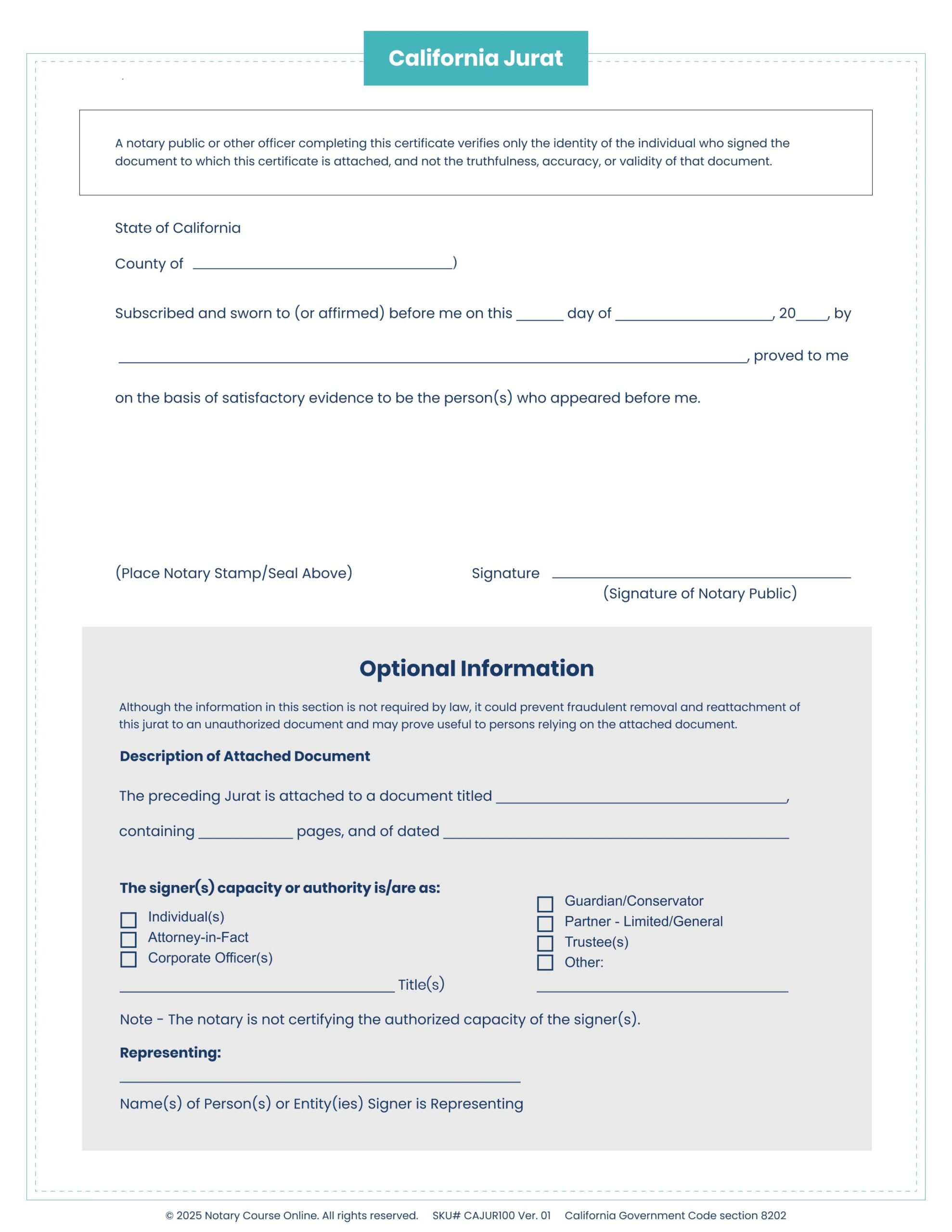California Jurat Certificates - 100 sheets image 1