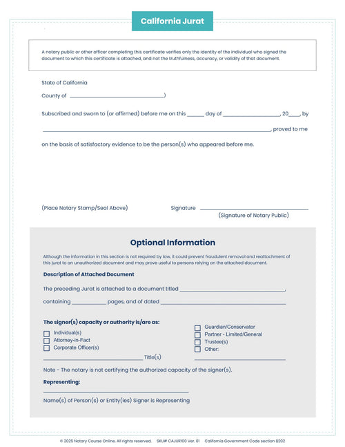 California Jurat Certificates - 100 sheets image 1