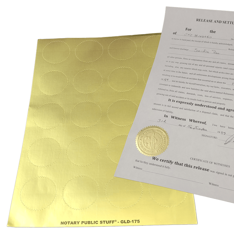 Gold Foil Seals For Notary Embossers - Sheet of 20