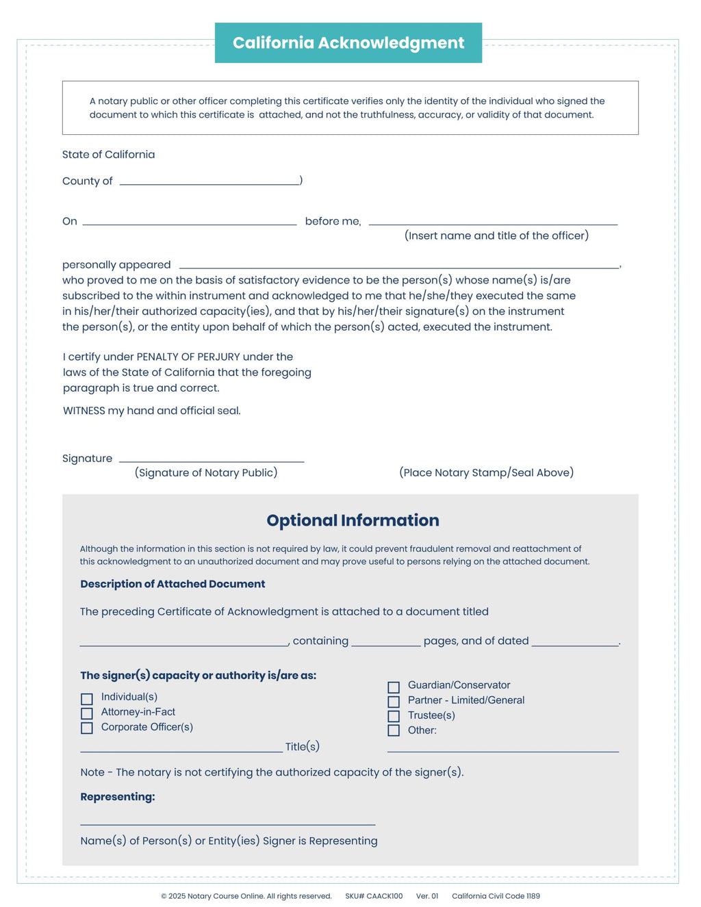 California Acknowledgment Certificate - 100 Sheets image 1