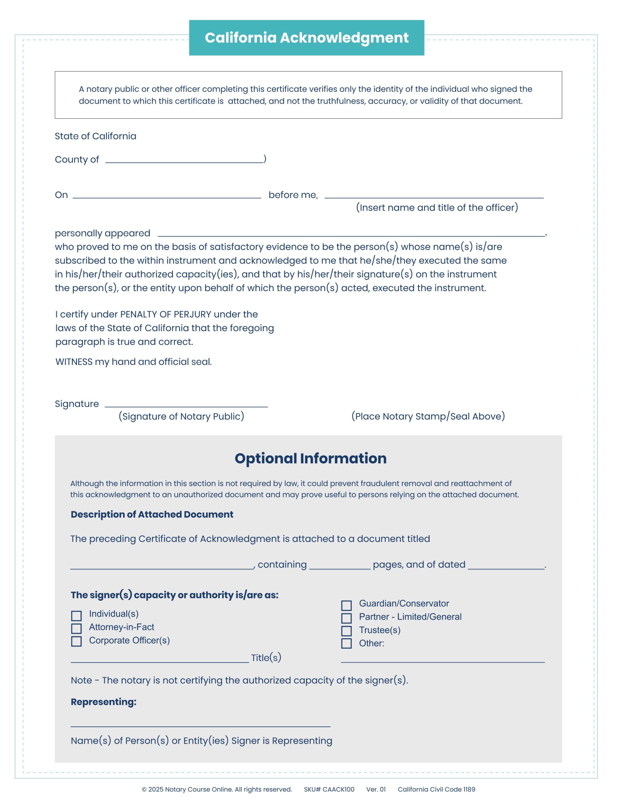 California Acknowledgment Certificate - 100 Sheets image 1