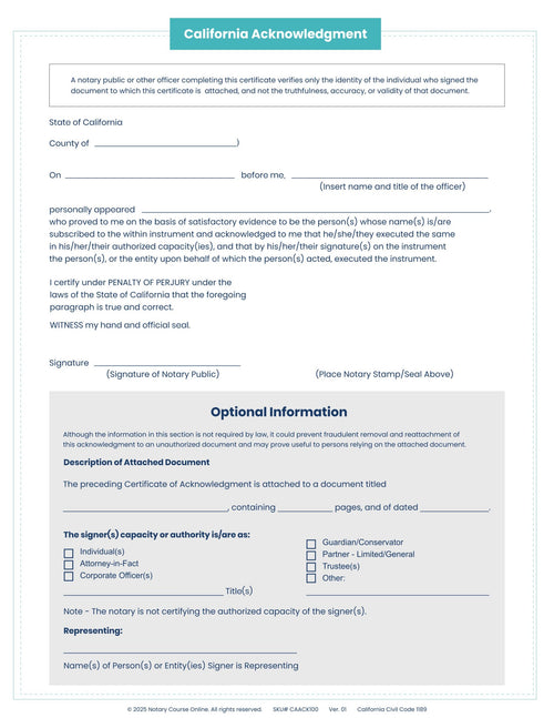 California Acknowledgment Certificate - 100 Sheets image 1